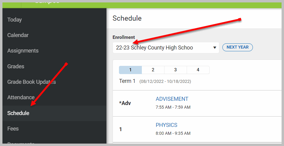 Portal schedule screenshot